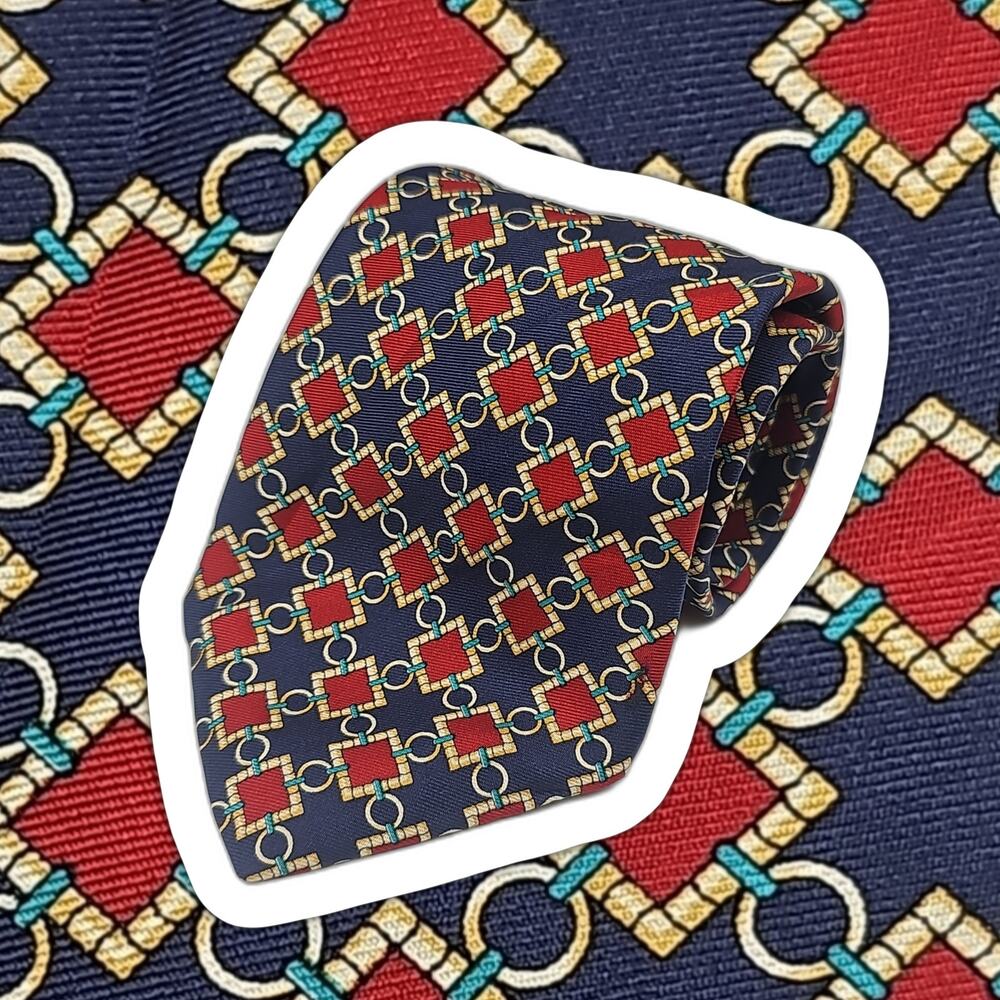 Scully & Scully Geometric Tie Mens Abstract Red Blue Gold Silk England 57.6"